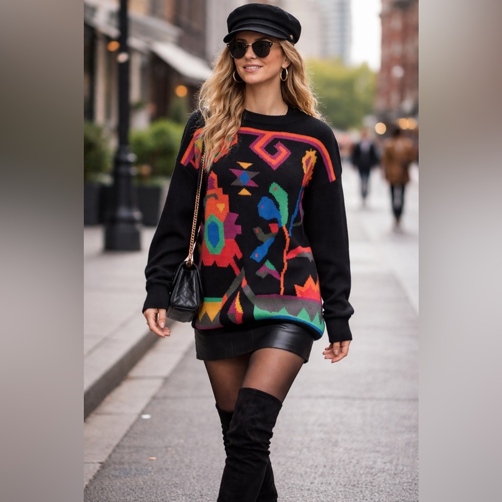 DONAGAIN Women’s Vintage 80’s Bright Multicolored Long Pullover Tunic Sweater M